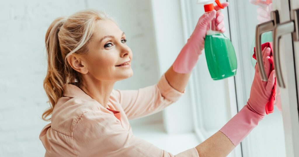 woman cleaning vinyl windows